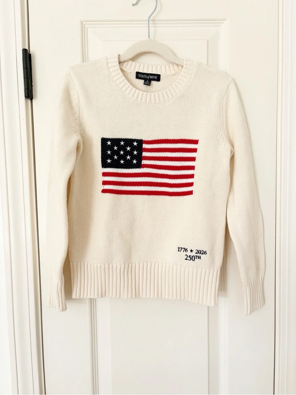 S (6/7) • NEW Cream Crewneck Sweater with American Flag Gender Neutral